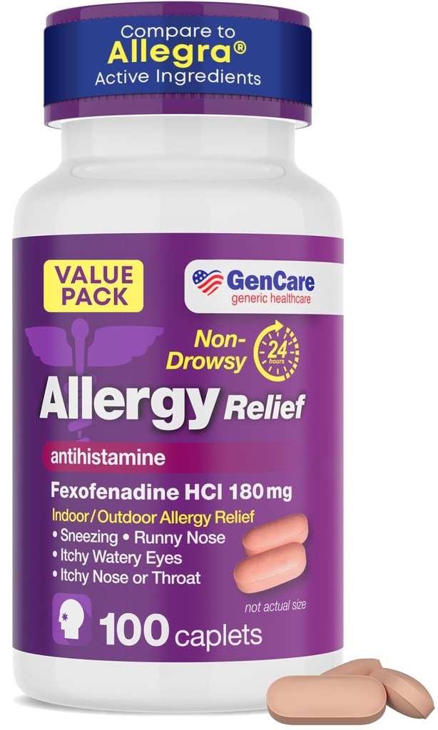 GenCare alergie pilulky - Fexofenadín 180 mg 24 hodín non-Drowsy alergie medicína Antihistaminikum, v porovnaní s Allegra 24 hodín Non Drowsy pilulky pre svrbivé oči, Runny nose, Hives (100 Počet)