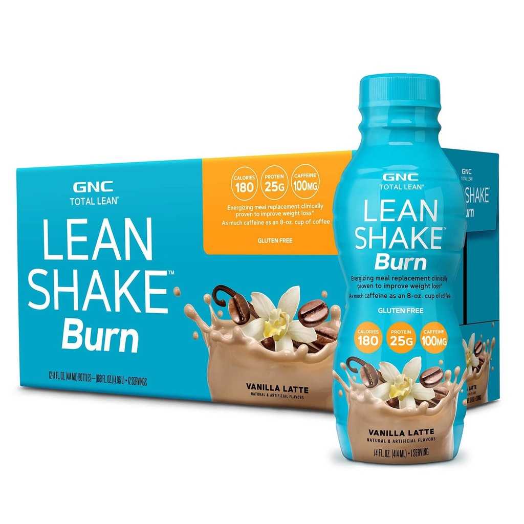 GNC Lean Shake Burn s kofeínom, klinicky preukázaný manažment hmotnosti, pripravený na výmenu jedla, 25 g proteínu s nulovým prídavkom cukru, Vanilková latte, balenie 12 kusov