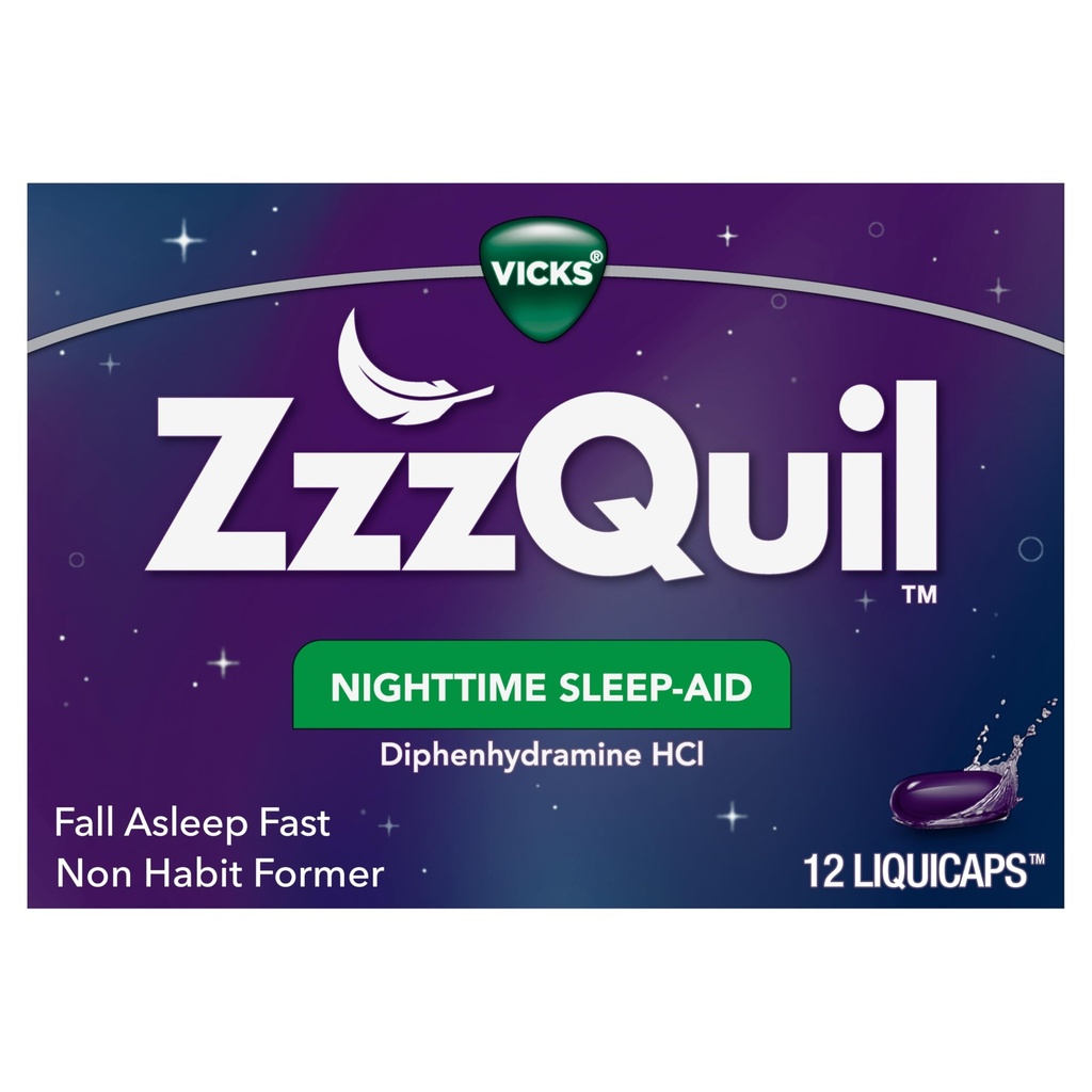 ZzzQuil, Nočná pomôcka na spánok LiquiCaps, 25 mg Difenhydramín HCl, No.1 Spánková pomôcka, Non-Habit forming, Fall Asleep Fast, 12 Count