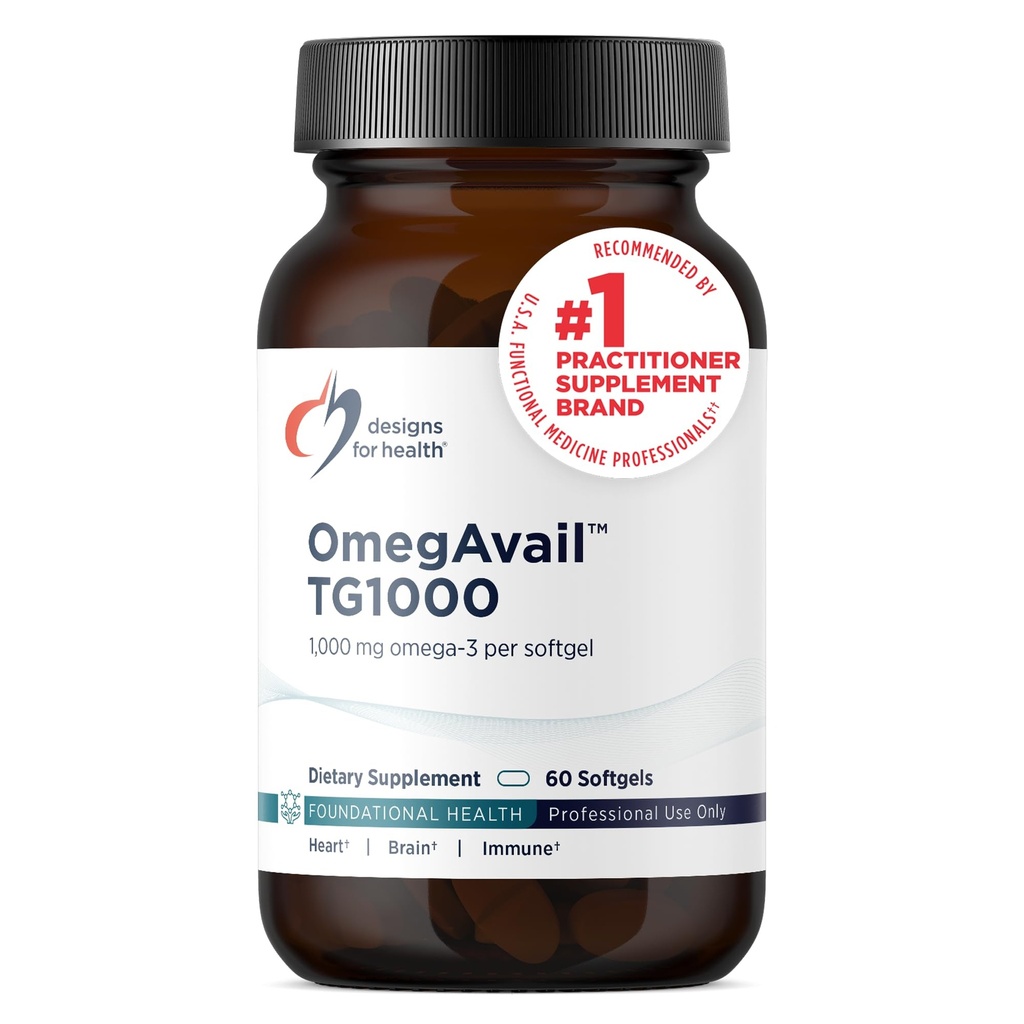 Designs for Health OmegAvail TG1000 - TG (triglycerid) Fish Oil Supplement with EPA/DHA - Highly Concentrated 1000mg Omega-3 per softgel - Natural Lemon Flavor + No Fishy Aftaste (60 Softgels)
