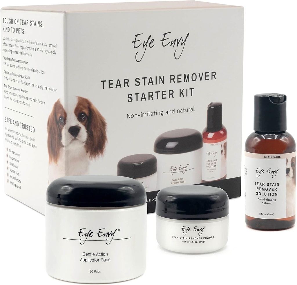 Eye Envy Dog Odstraňovač zošľachťovač Štartovacia súprava. 100% Natural, Safe. Obsahuje: riešenie zošitia, Applicator Pads, a Stain Powder. Ošetrenie sochy Kit. Trvá 30-45 dní. Vyrobené v USA