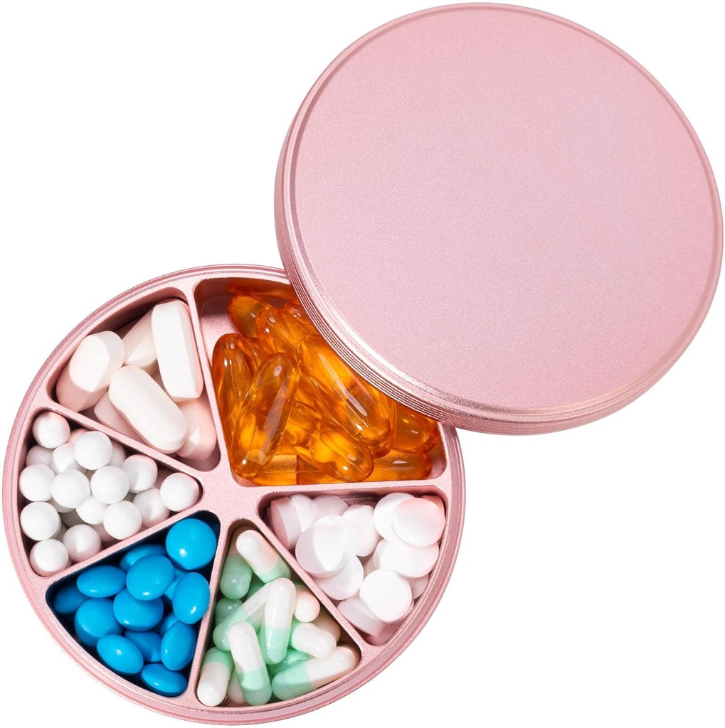 Organizátor tabletiek 6 Komppartments Pill Dispenser - Heavy Duty Metal Daily Pill Container, Daily Pill Box Pill Holder, nepremokavá medikačná sekcia pre vitamínové doplnky Fish Oils, 0.38lb, ružová