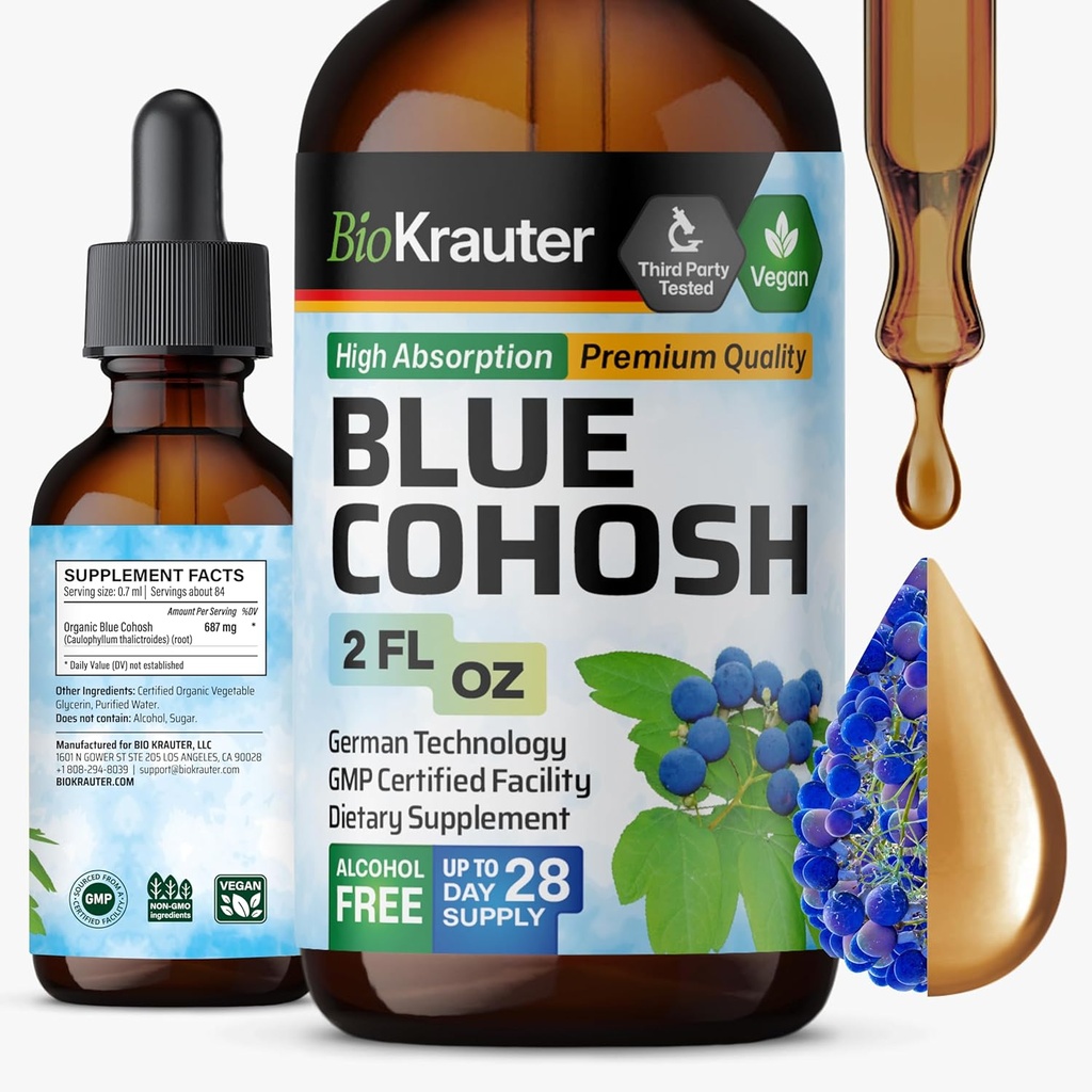 BIO KRAUTER® Menopauza Supplements for Women* - Blue Cohosh Tincture 2 Fl.Oz 28 Days of Supply - Vegan Blue Cohosh Extract for Menopause Support - Alkohol & Sugar free - Relaxation & Women's Wellness
