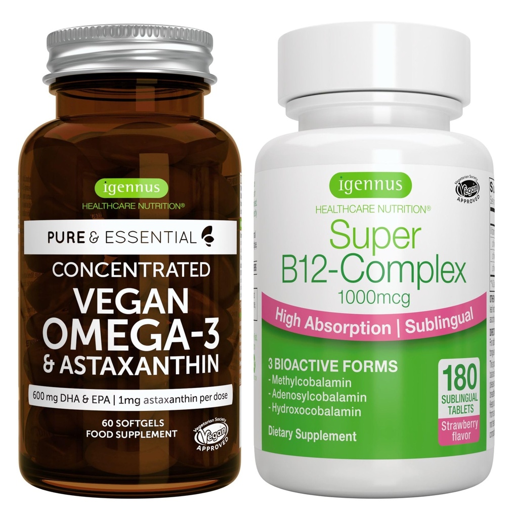 Vegan Omega-3 + Super B12 Complex 1000mcg Vegan Bundle, Sustainable EPA & DHA Algae Oil 1340mg + Vysoká absorpcia Sublingválny vitamín B12 s metylkobalamínom, adenozylkobalamínom a hydroxokobalamínom, by I