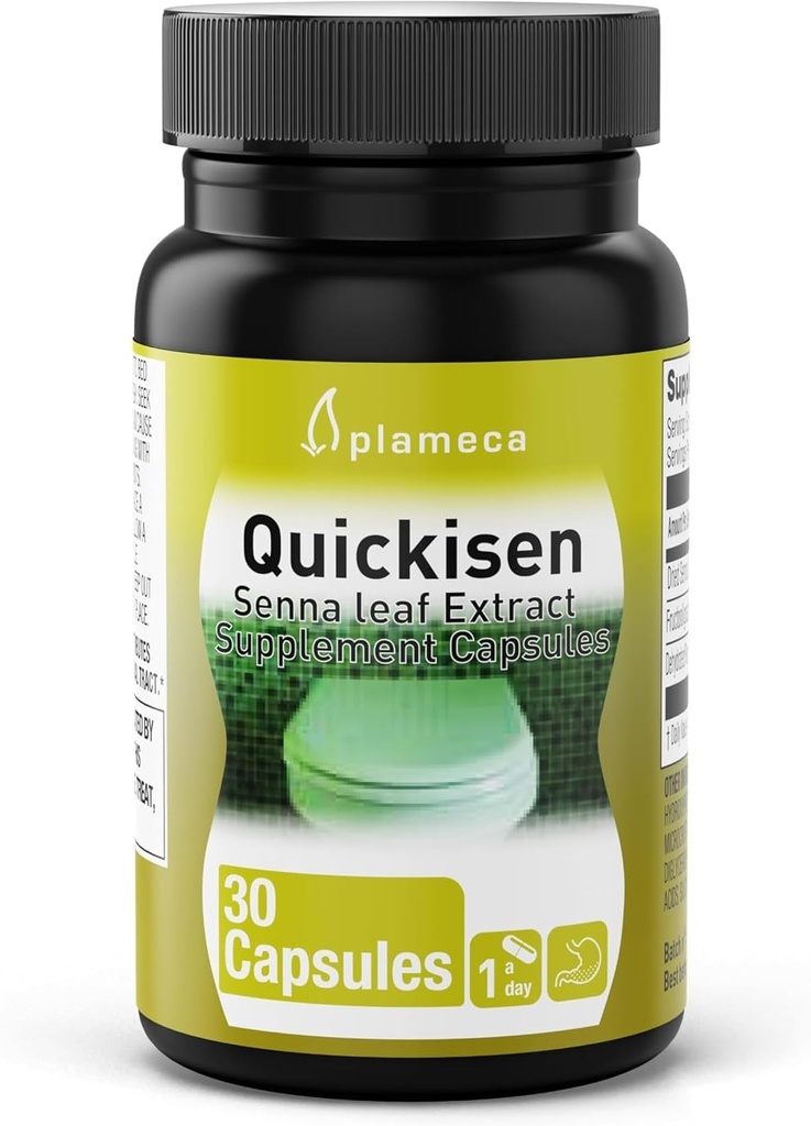 Plameca Quickisen Laxatívne kapsule, Relief from Occasional Cescape, Natural Senna Extract, Podpora Intestinálne zdravie, Dietary Supplement Gluten-free and Dairy-Free, 30 Kapsule