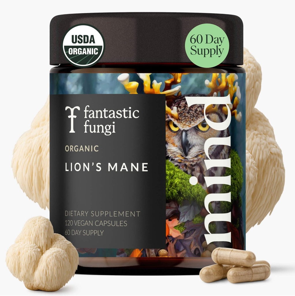 Lions Mane Supplement Kapsule, Lion's Mane Mushroom Supplement for Memory, Focus & Mood support, Adaptogen Functional Huby Extract - 100% USDA Organic, Vegan- Glass Jar, 120 Caps, 2 Mesiac dodávky