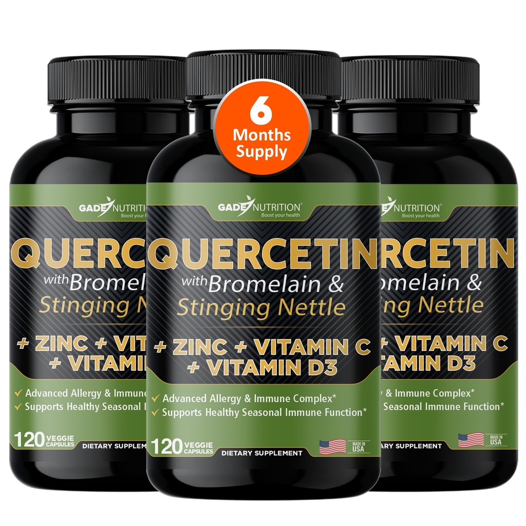 Gade Nutrition Quercetin s vitamínom C, zinkom a štípacou žihľavou - žihľavka Quercetin - Quercetin 500 mg - Quercetin s hypromelínom - zinok Quercetin + vitamín D3-360 Veggie Caps - 6 mesiacov dodávky