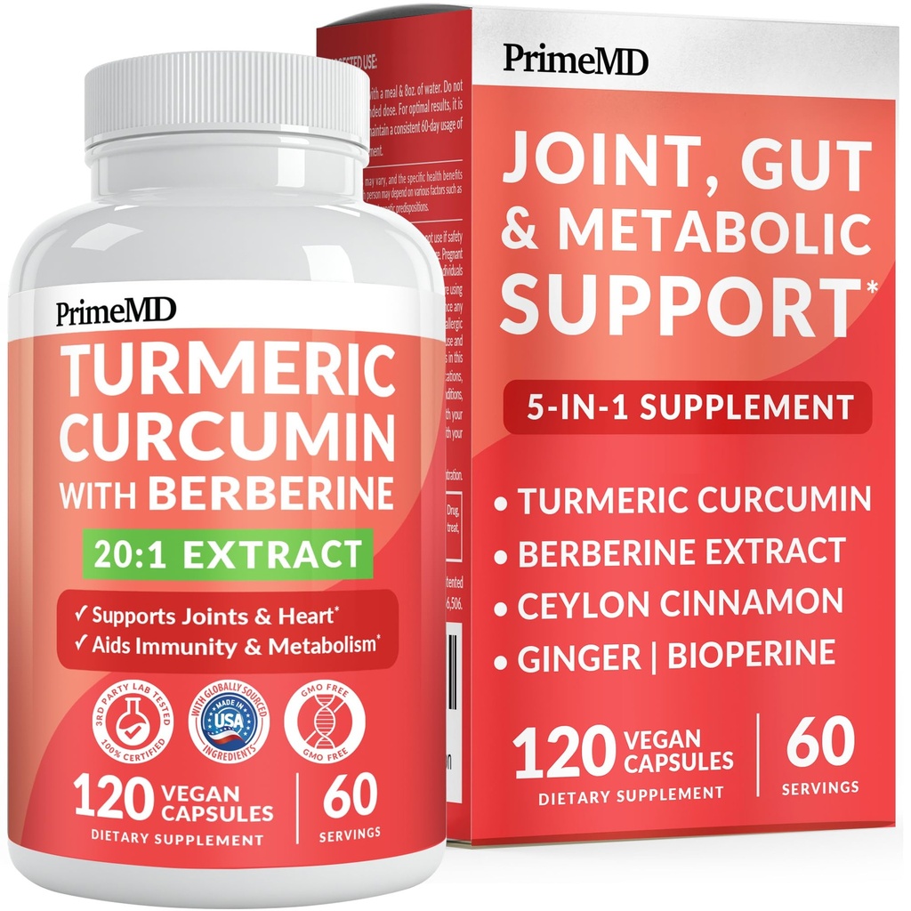 5-in-1 Organic Turmeric Curcumin Supplement (4210mg) s Berberine, Ceylon škorica Bioperine and Ginger Supplements for Joint, Heart, Gut, & Metabolic Support (120 ct)