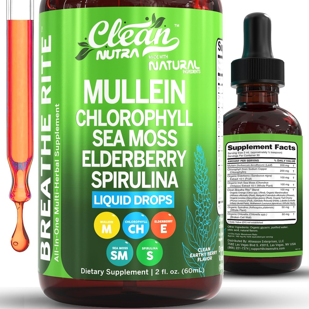 Čistá Nutra Mullein kvapky pre Pľúca Organické Chlorofyl Tekuté Írske more Moss, Spirulina, Licorice, Tart Cherry Lobelia, Motherwort & Elderberry Mullein Leaf Extract Tinture Muži Ženy Supplement