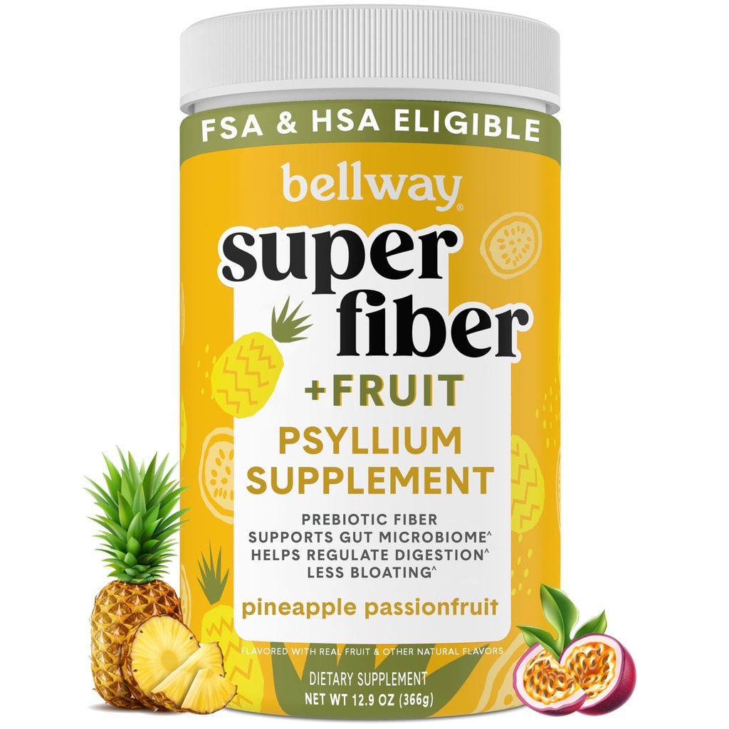 Bellway Super Fiber Powder + ovocie, bez cukru Organic Psyllium Husk prášok Fiber Supplement for Regularity, Bloating Relief & Gastive Health, Plant-Based, Ananás Passion Fruit (50 Servings)