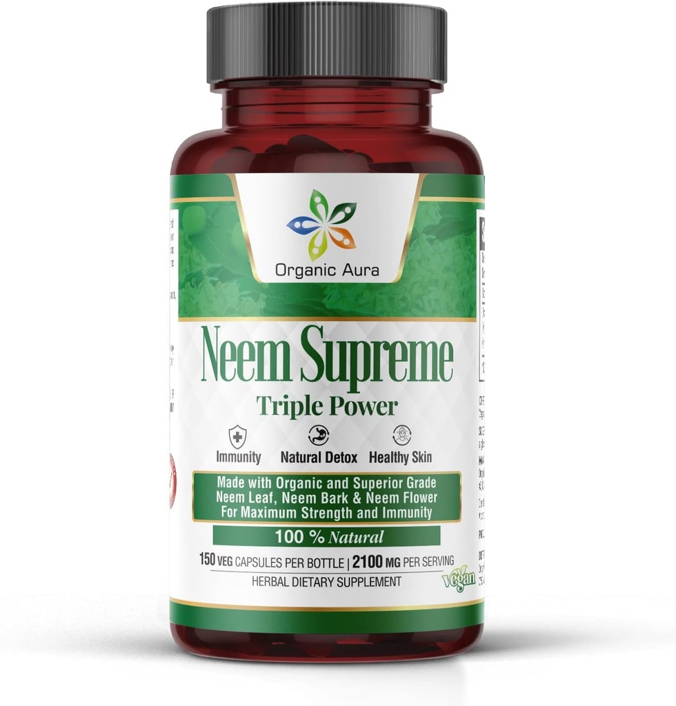 Organické kapsule Aura Neem Supreme. 150 Veg Capsules. Triple Complex - Max Strength Pure High-Potency Azadirachta Indica Capsula. Prírodné antioxidant, zdravie pokožky, hojná podpora imunity.