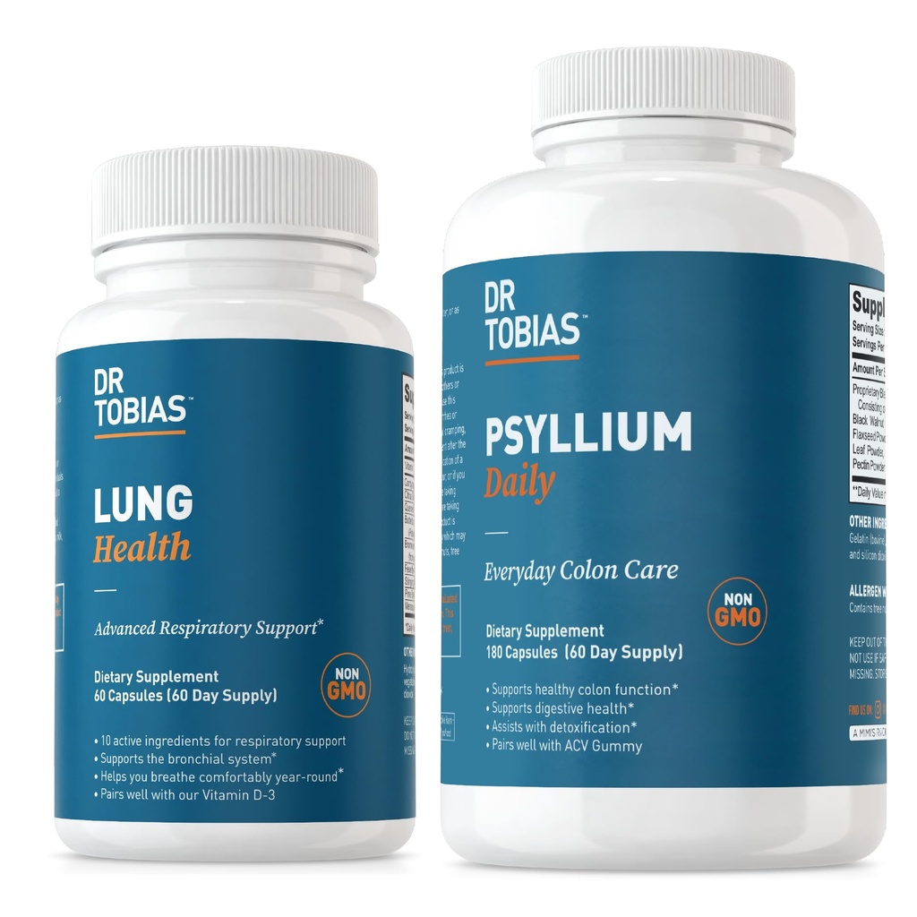 Dr. Tobias Lung Health & Psyllium Daily Supplements, Pľúcna očista & Detox Formula, podporuje zdravé pohyby čriev s Psyllium Husk, Vitamín C, Butterbur, Quercetin, Daily Fiber a Lung Supplement