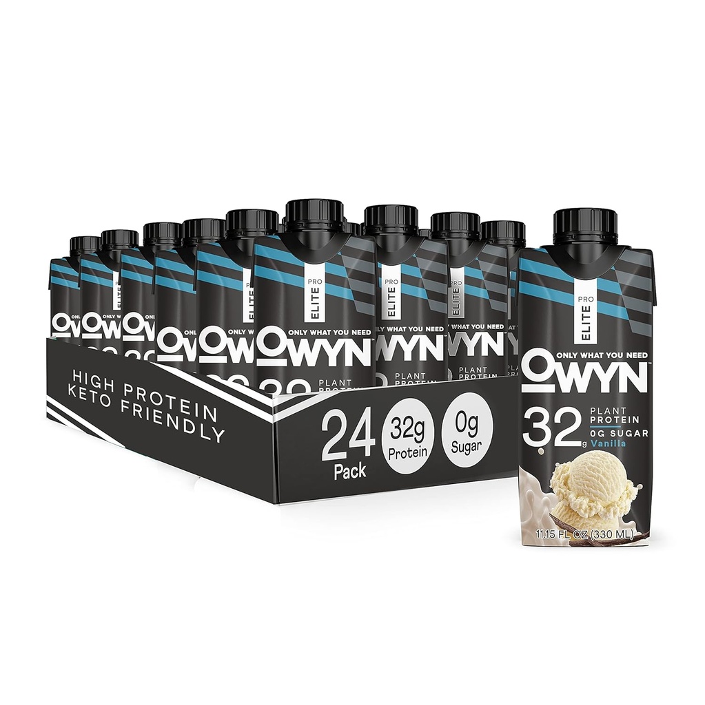 OWYN Pro Elite Vegan Plant-Based High Protein Shake, Vanilla, 24-Pack, 32g Plant Protein, Prebiotiká, Superfoods Greens for Workout and Recovery, 0g Net Carbs, Zero Sugar, Keto (24 balení)