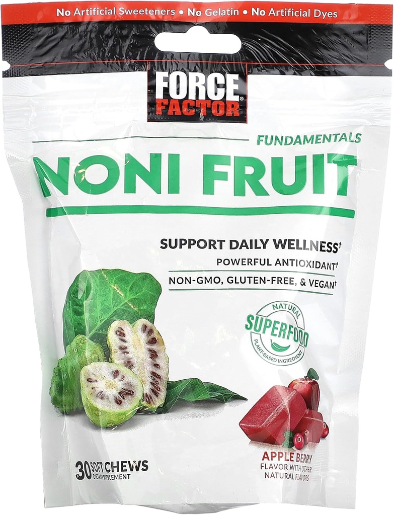 FORCE FACTOR Noni Ovocné žuvačky pre Imunita a zdravie pleti, Noni Juice Supplement, Plant-Based Antioxidant Superfood Chews, Gluten-Free, & Vegan, Apple Berry Flavor, 30 Soft Chews