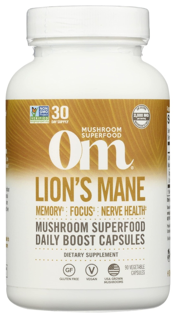 Om Musherom Superfood Lion's Mane Mushrom Capsulas Supplement, Fruit Body & Mycelium Nootropic for Memory Support, Focus, Clarity, Nerve Health, Creativity &Mood, 90 Kapsule