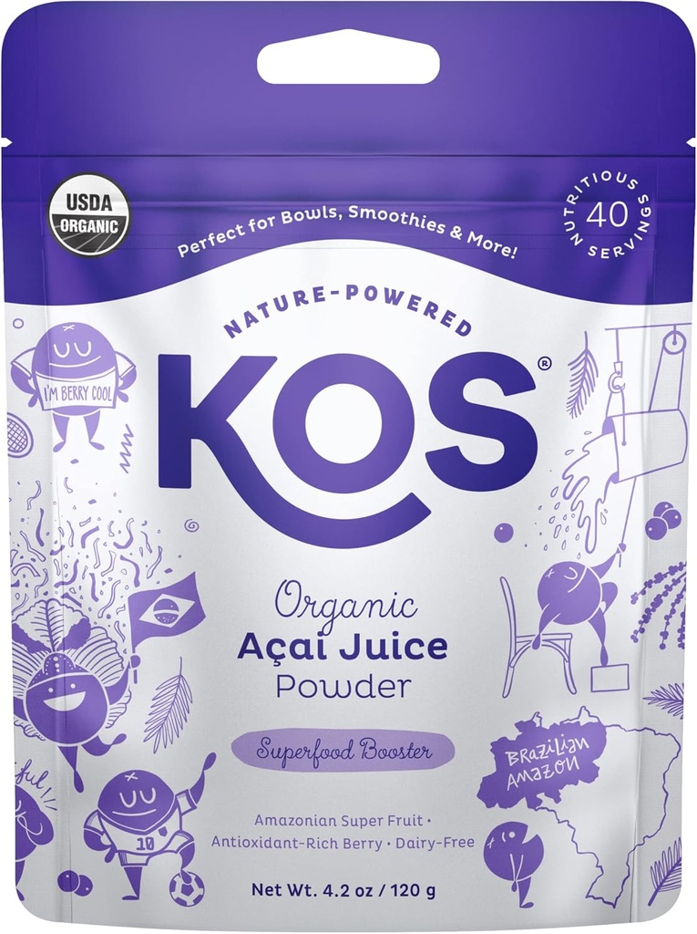 KOS USDA Organic Acai Powder, Nesladené Superfood - Natural Antioxidant, Acai Berry pre smoothies a bowls - Polyfenol Abundant, Gluten-free, non-GMO, Klimate Friendly reselable Bag, 40 Servings