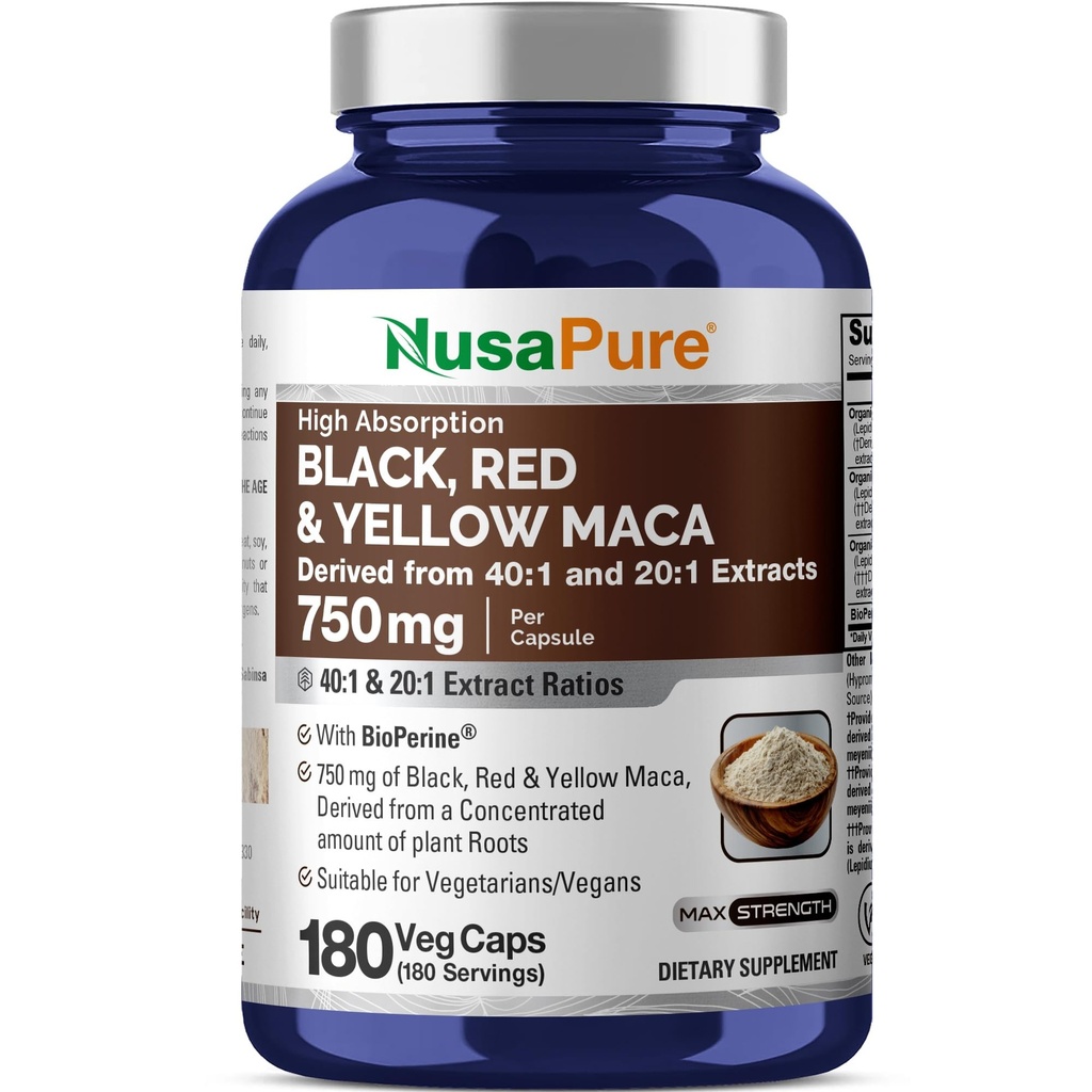 NusaPure Maca Root Black, Red, Yellow 20 000mg - 180 Vegan Kapsule (Vegan, non-GMO, Gluten Free) Bioperine