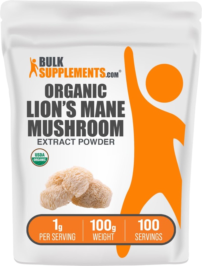 BulkSupplementments.com Organic Lion's Mane Mushrom Extract Powder - Lions Mane Supplement Powder, Superfood for Well-Being - Vegan, 1g per Serving, 100g (3,5 oz) (Pack of 1)