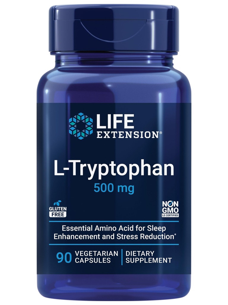 Predĺženie života L-Tryptofán, 500 mg, podporuje zdravé hladiny serotonínu a podporuje zdravý spánok, náladu, reakciu na stres a satiety, bezlepkové, iné ako GMO, vegetariánske, 90 kapsúl