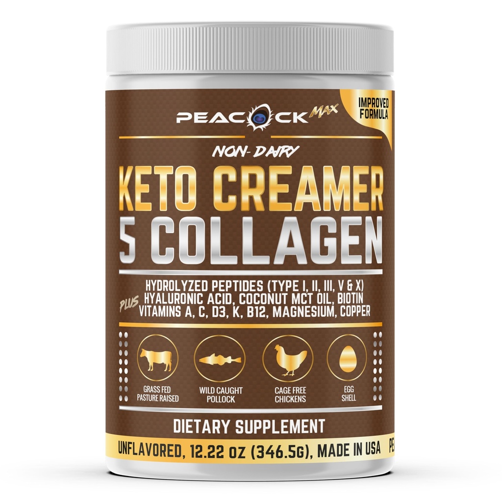 Kolagén Keto Coffee Creamer prášok 12.2 oz - Hydrolyzed Collagen Peptidy s kokosovým MCT olejom, B12, horčík, neochutený proteínový prášok, bezcukrový kávový krém na smoothies & Peking