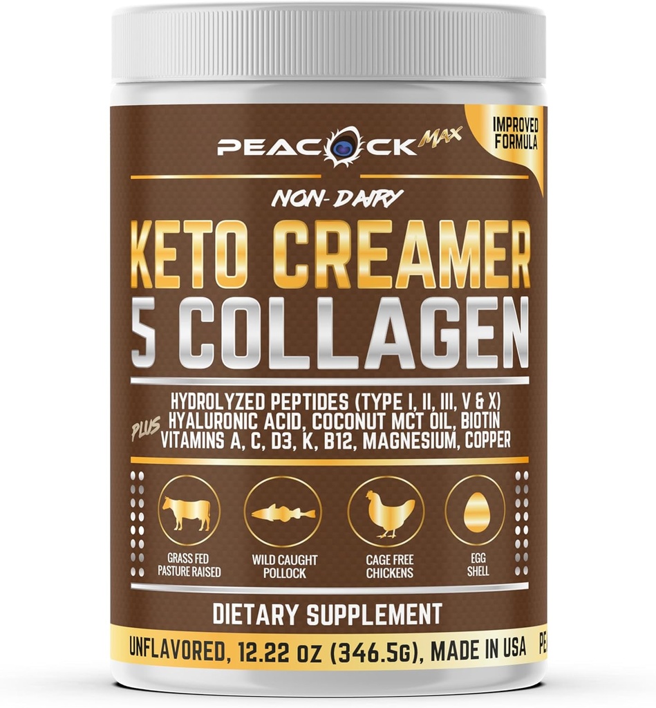Kolagén Keto Coffee Creamer prášok 12.2 oz - Hydrolyzed Collagen Peptidy s kokosovým MCT olejom, B12, horčík, neochutený proteínový prášok, bezcukrový kávový krém na smoothies & Peking