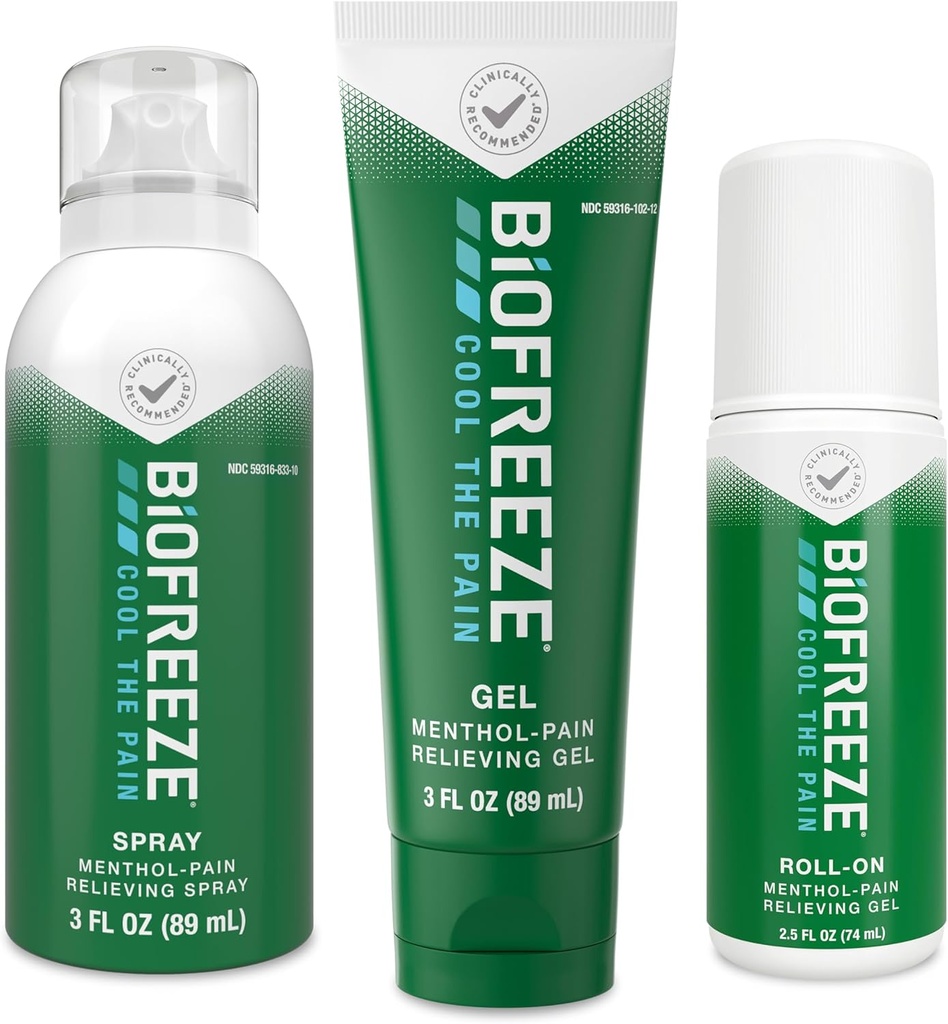Biofreeze Bolesť Relief Roll-On 2,5 FL OZ, Gel 3 FL OZ, A sprej 3 FL OZ balenie odrody Topická bolesť Reliever pre svalovú hmotu a kĺby z artritídy, Backache, kmene, Bruises, Sprains (Backage May Vary)