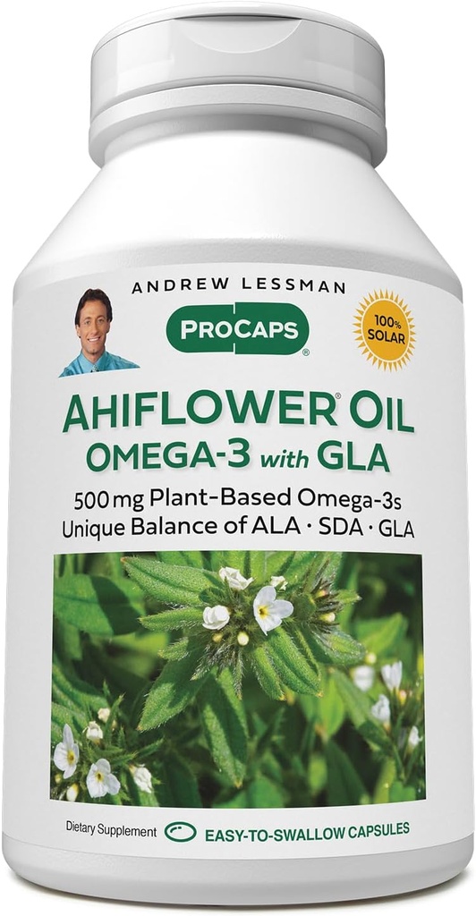 ANDREW LESSMAN Ahiflower Omega-3 s GLA - 240 Softgels - Unikátne vyvážené, rastlina-založené zdroj esenciálnych Omega-3 mastných kyselín. Žiadna žalúdočná nevoľnosť, kontaminanty alebo ortuť. Ľahko sa prehĺta
