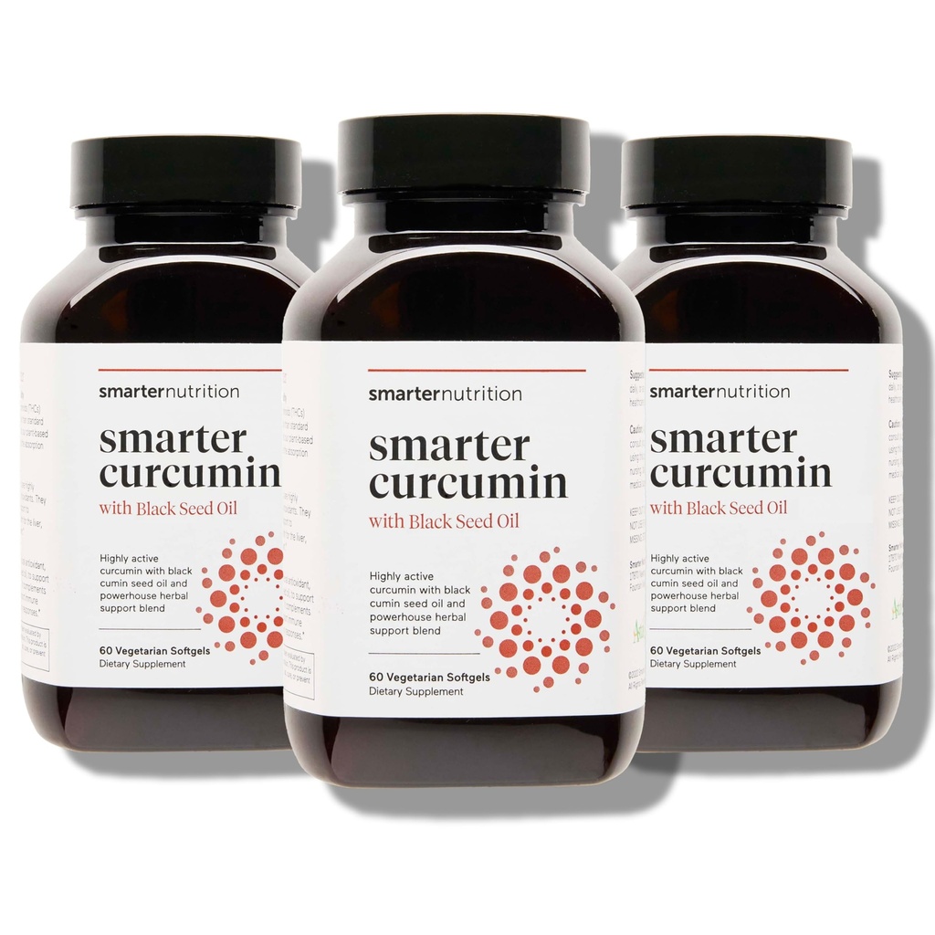 Smarter Nutrition Curcumin Softgels - Vegan High Absorbtion 400 mg Curcumin Supplement Standardized to 95% Tetrahydrocurcuminoids + Black Seed Oil & Ginger for Joint & Immune Health - 180 Ct