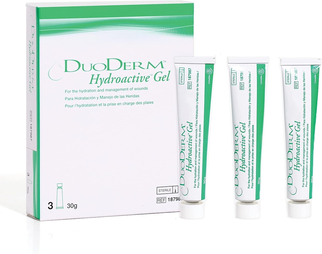 ConvaTec DuoDERM Hydroactive Sterile Gel, 30 Grams Tube for Management of Partic and Full-Thickness Wounds, Aids Autolytic Debridement, 187987, Box of 3 Tubes