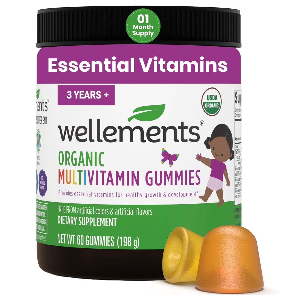 Wellementy USDA Organic Kids Multivitamínové Gummy 60 Ct (3+ Roky) 