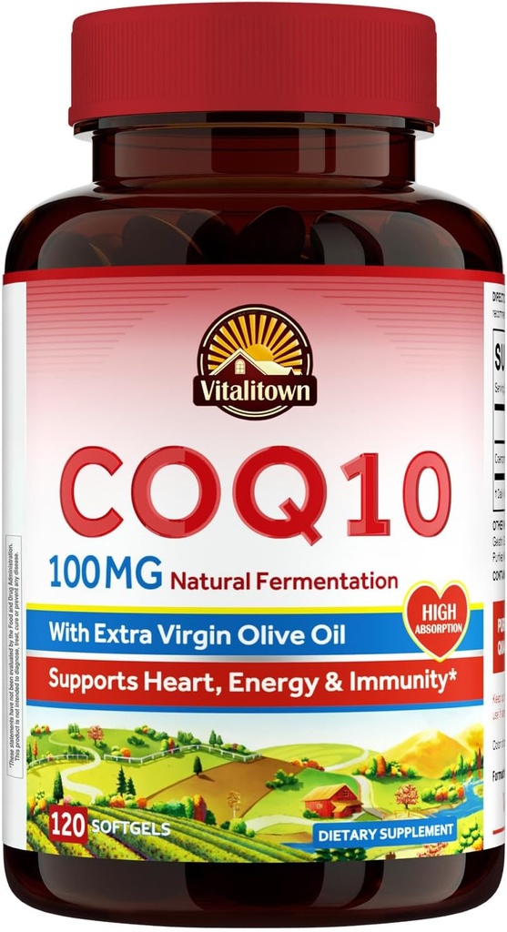 Vitalitown CoQ10 100mg, s extra panenským olivovým olejom, maximálna absorpcia, koenzým Q10 doplnok, žiadne lepidlo, non-GMO, pre Antioxidant & Heart Health Support, 120 Softgels