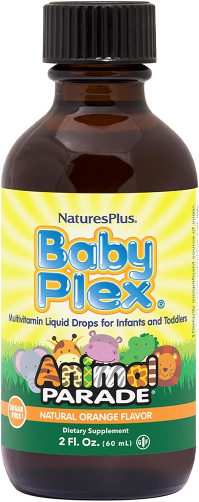 NaturesPlus Animal Parade Baby Plex, Natural Orange Flavor - 2 fl oz, Balenie 2 - Tekutý multivitamín pre dojčatá a batoľatá - bez cukru, bez lepku - 120 Celkové služby