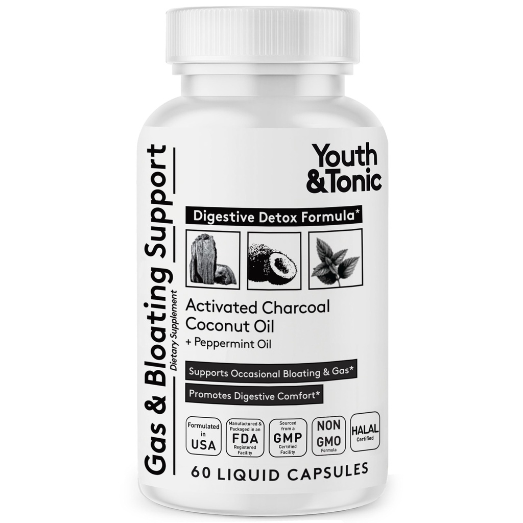 Youth & Tonic Activated Charcoal Pills for Bloating and Gas Relief to Soothe The Žalúdok a tráviaci systém Detox with Peppermint & Organic Coconut Oil, pre mužov a ženy - 60 Tekuté kapsuly