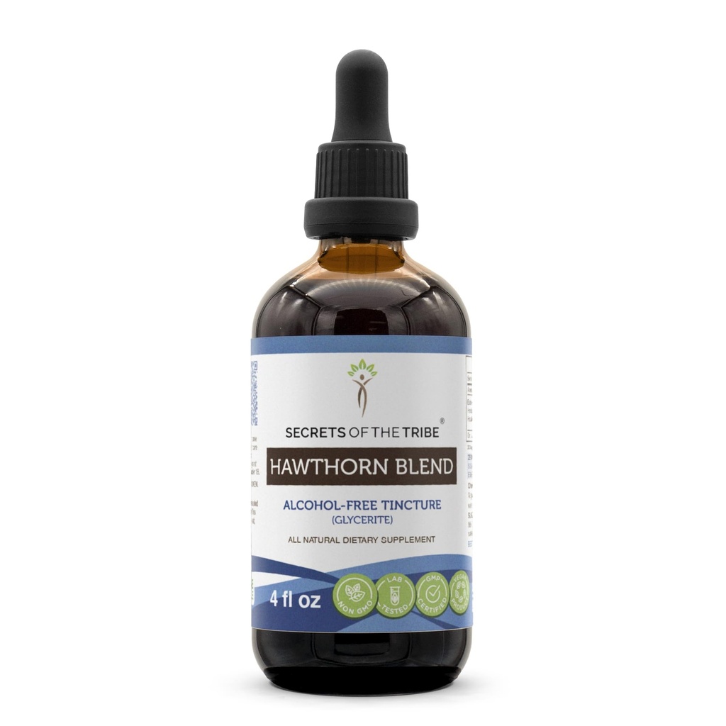 Secrets of the Tribe Hawthorn Blend Tinture Alcohol-Free Extract, Hawthorn (Crataegus spp.) Sušený Leaf, Flower, Berry 4 oz