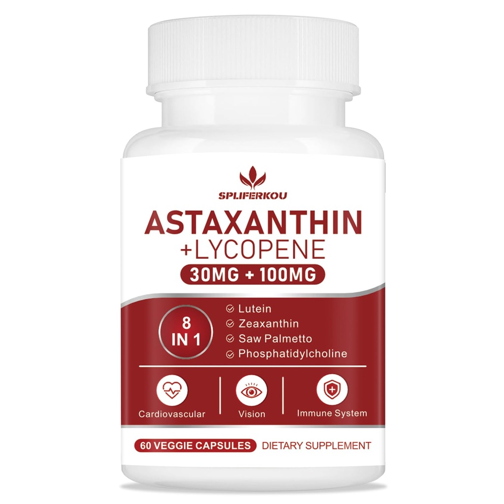 Astaxantín a lykopén 70 mg, Astaxantín Supplement with Fosfatidylcholín, luteín a Zeaxantín, Silné antioxidanty Supplement Support for Skin, Eye and Joint Health (60 Kapsule)