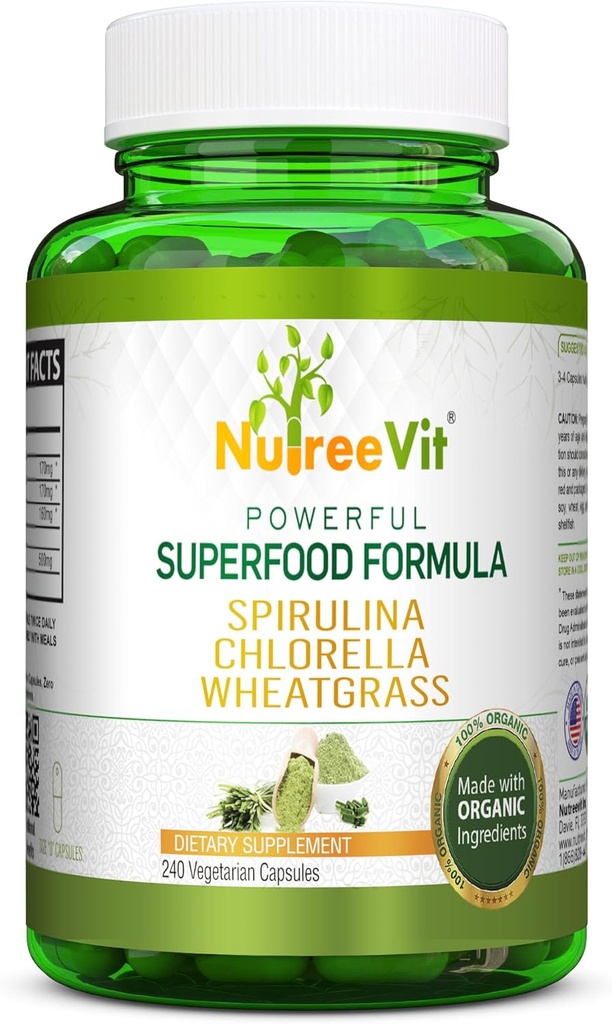 NutreeVit Pure 100% Organic Spirulina + Chlorella + Pšeničná tráva - Výkonný Superfood - Veggie Capsules 500mg