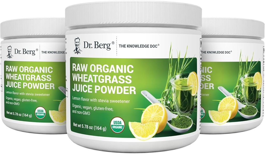 Dr. Berg's Raw Wheatgrass Juice Powder (60 Servings) - USDA Certified Organic Wheatgrass Powder w/ Chlorofyl, Trace Minerals & Natural Enzymes - Ultra- Concentrated - Lemon Flavor w/ Stevia 3 Balenie