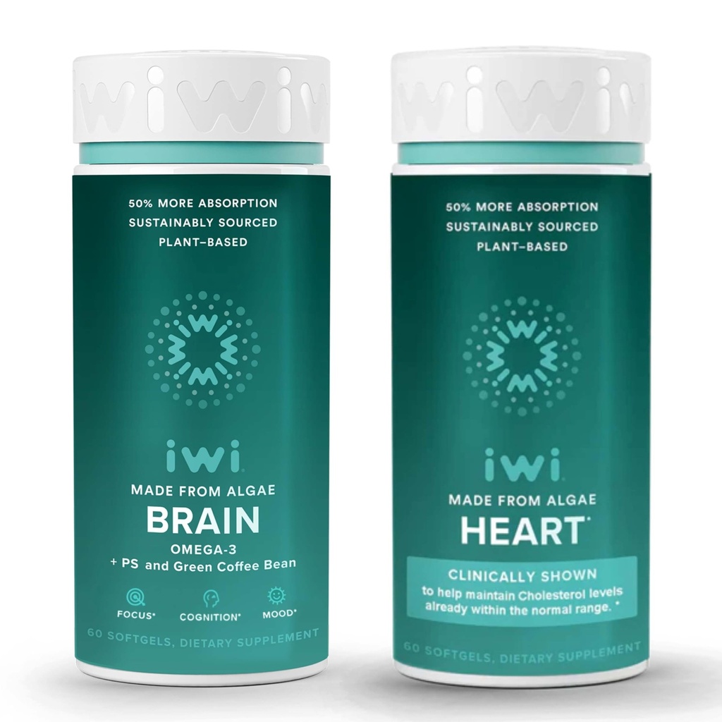 Iwi Life Brain & Heart Omega-3 Bundle, 30 Servings, Vegan Plant-Based Algae Omega 3, Krill & Fish Oil Alternative, No Fishy Dochute