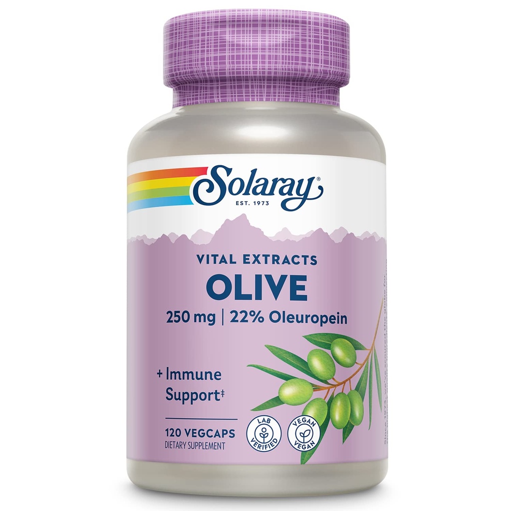 SOLARAY Olive 250mg - Olive Leaf Extract Kapsule s 22% Oleuropein, Plus Lemon Balm - Polyfenoly Supplement for Wellness Support - Vegan, 60-dňová záruka, Lab Overené - 120 Servings, 120 VegCaps