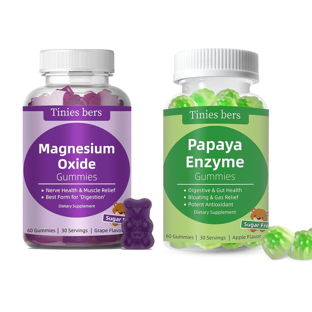 Drobky bers Papaya Enzyme Gummies a oxid horečnatý Gumies, Tráviace zdravie dospelých a detí, Vegan, bez cukru, non-GMO, Pektín