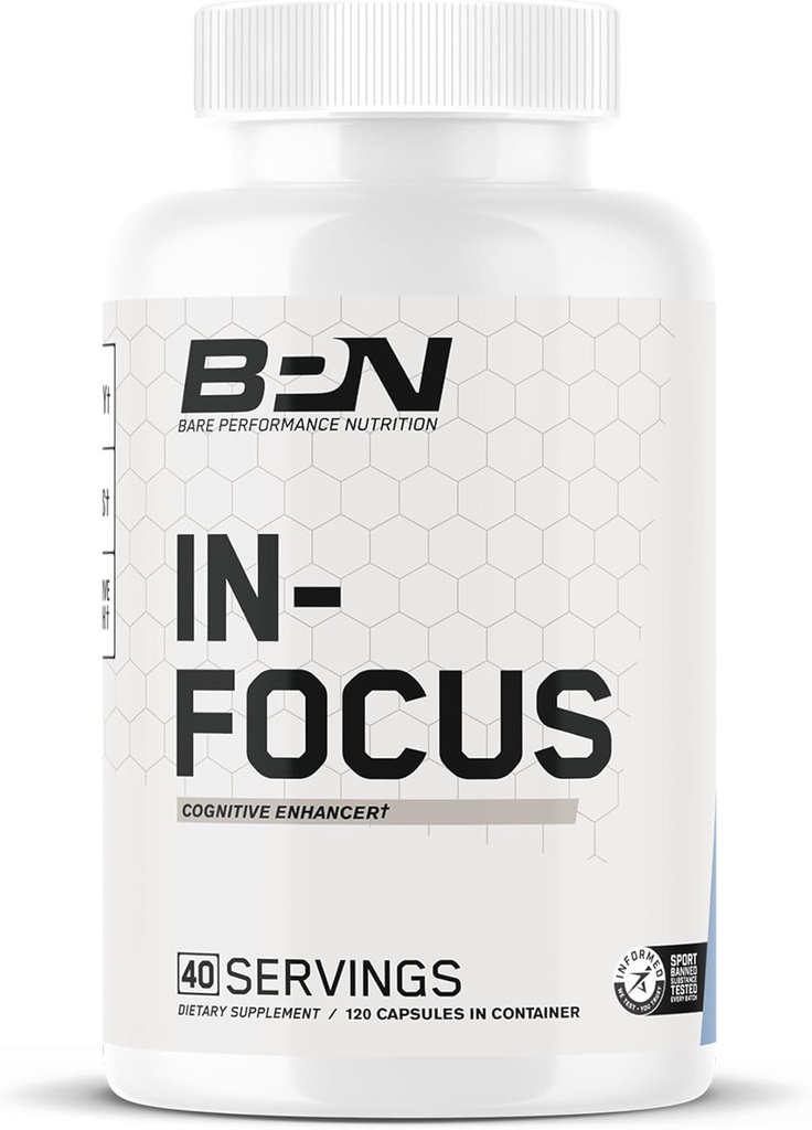 BARE VÝKON NUTRITION BPN in-Focus Brain Supplement for Memory & Focus Caffeine Pills, 1g L Tyrozine per Serving + Alpha GPC, 40 Servings, Gluten Free + Vegan