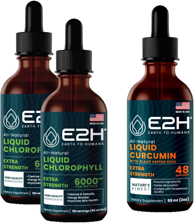 E2H: Chlorofylové tekuté kvapky (2 balenia - 4 Fl Oz) a tekuté kurkumín kurkumín (jednorazová fľaša - 2 Fl Oz)