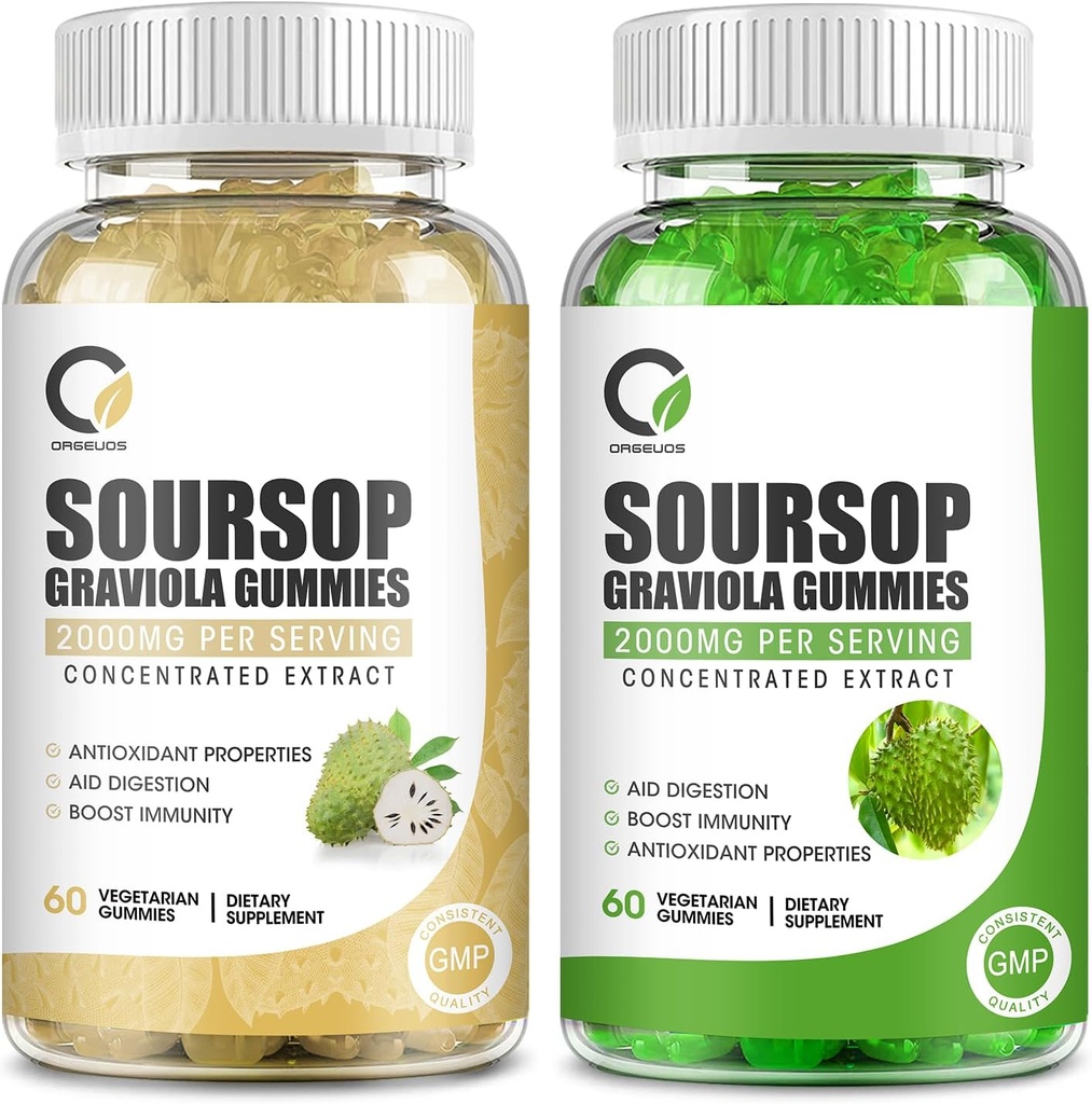 2 Balenie Soursop Graviola Gummies, Soursop Leaf Extract Ochutené a autentické Soursop ovocný extrakt chuť, pre podporu buniek a regeneráciu, imunita, Pečeň, Zzz & Antioxidant - Gluten Free, Vegan