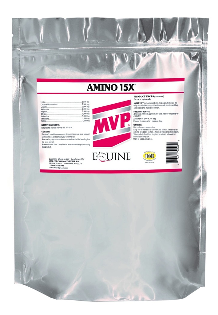 MVP Amino 15X (1.5lb) podporuje zdravú svalovú funkciu, vývoj a zotavenie u koní.
