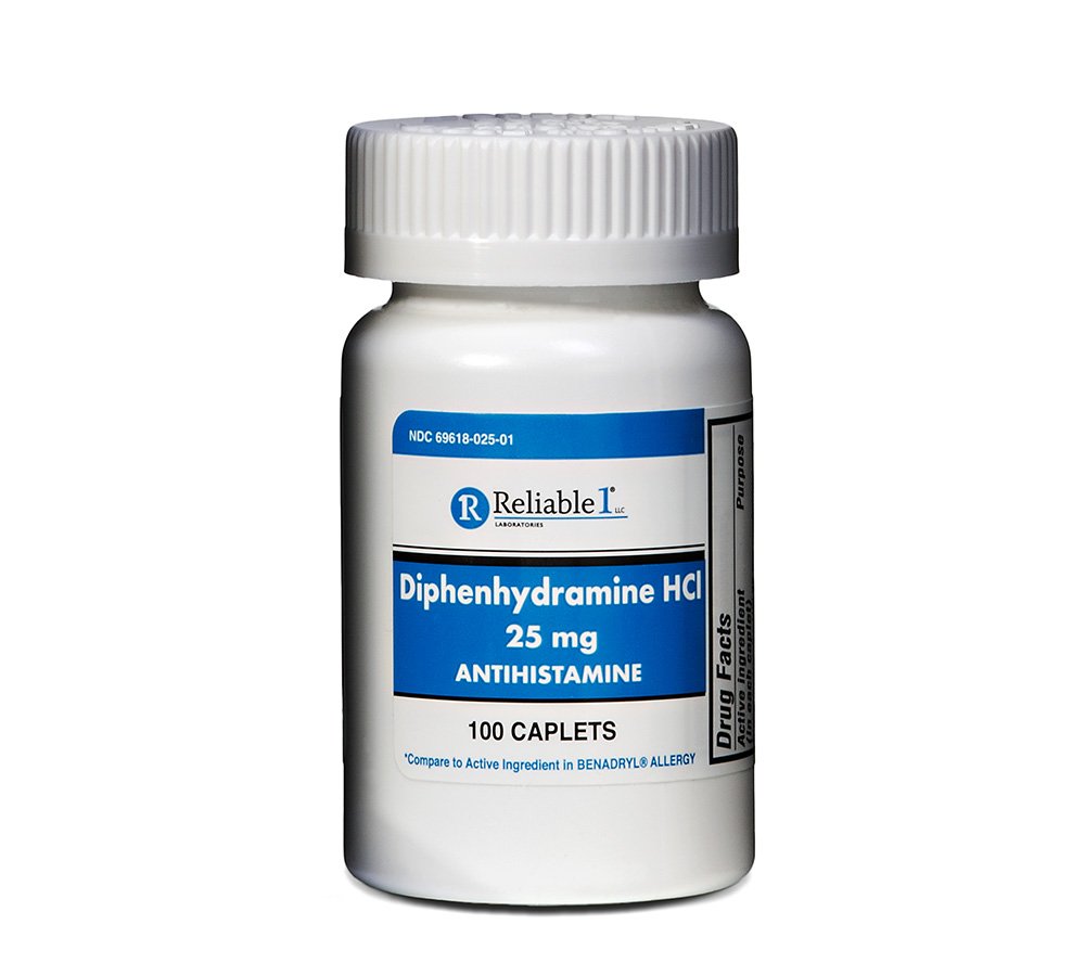 Spoľahlivý 1 Difenhydramín HCI 25 mg Antihistaminikum 100 Caplets (1 fľaša)