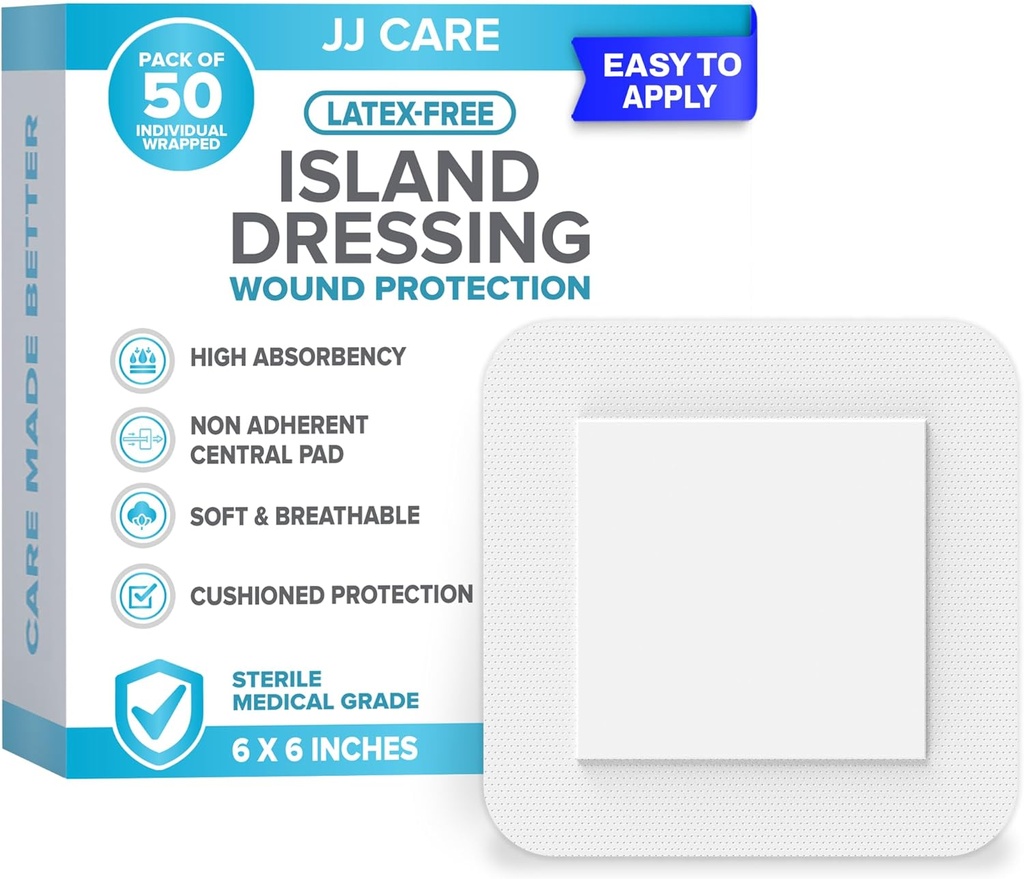 JJ CARE adhezive Island obliekanie [Pack of 50], 6x6 Sterilné hranatý gázu obliekanie, priedušný Island rán šaty individuálne zabalený s vysoko absorpčné non-Stick Center Pad