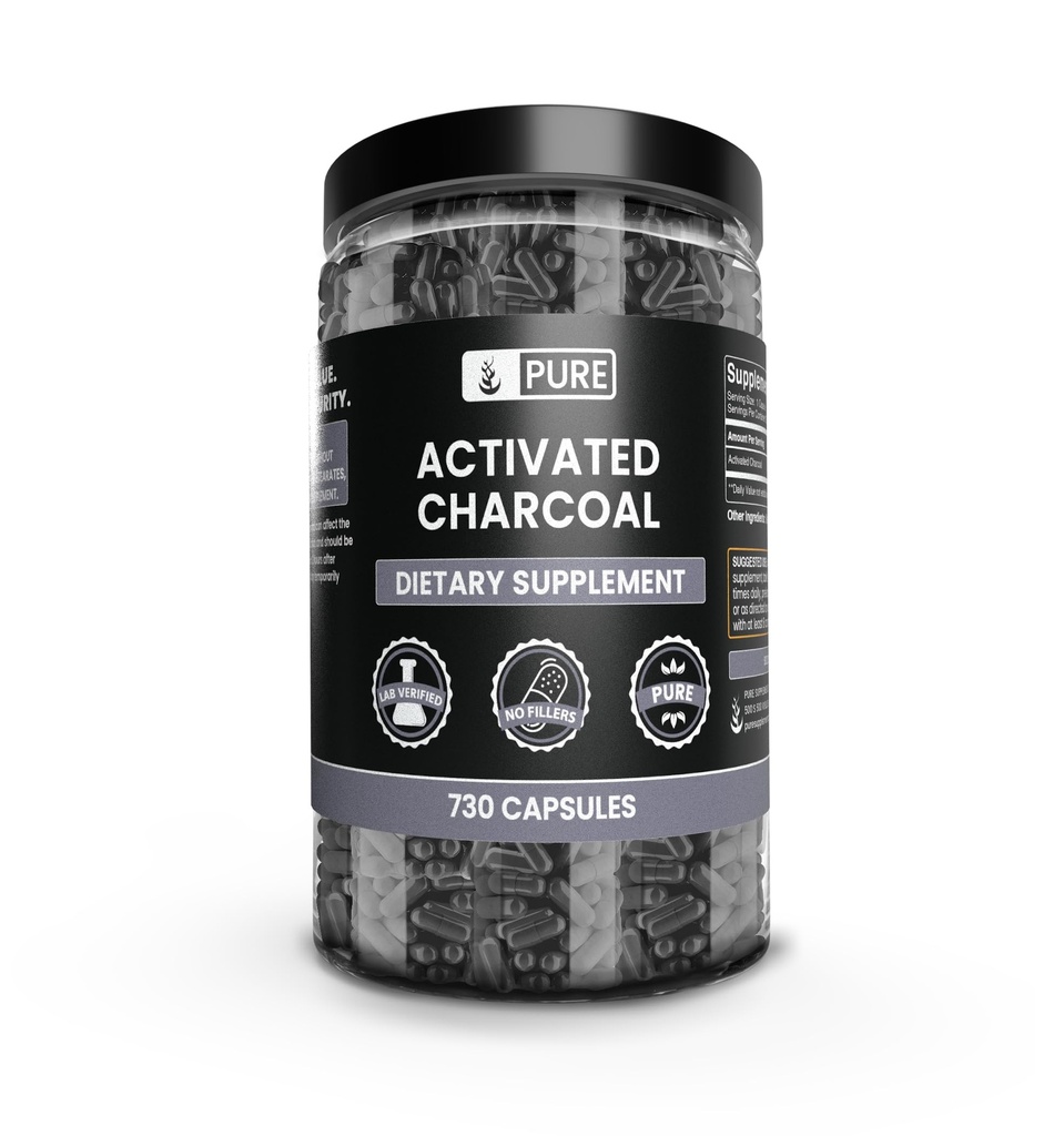 Pure Original Ingredients Activated Charcoal (730 Kapsule) No Magnézium alebo Ryce Fillers, Always Pure, Lab Overified