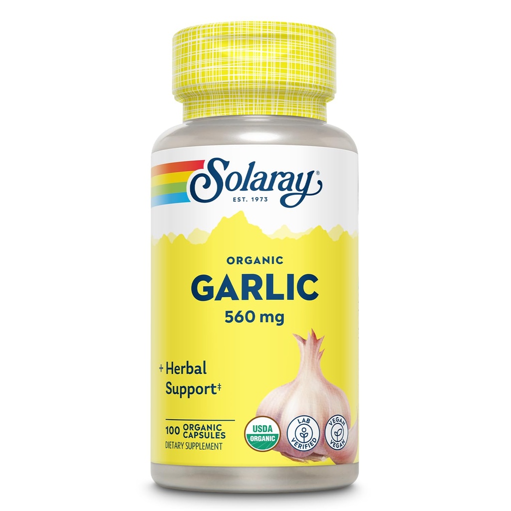 Solaray Organic Cesnak Pills - 560 mg Cesnak Doplnky pre Zdravie srdca Podpora - USDA Organické Cesnakové kapsule - Vegan - 60-Day Záruka vrátenia peňazí - 100 Servings, 100 VegCaps