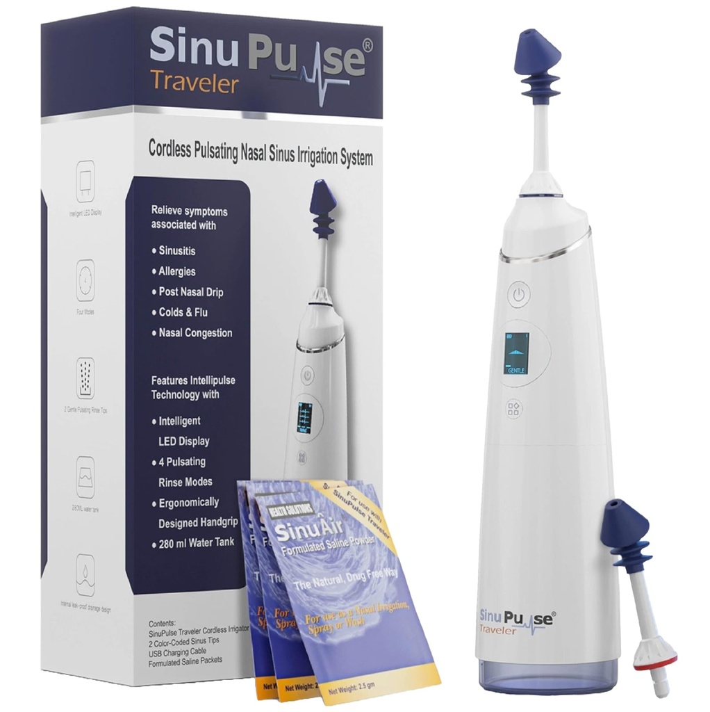 SinuPulse Traveler s 30 Sinuair paketov - bezdrôtové pulzujúce nosné zavlažovanie Sinus Rinse systém, Space Saving Cleaner & Relief Machine for Travel, Efektívnejšie ako Neti Pot alebo Nose spray fľašu