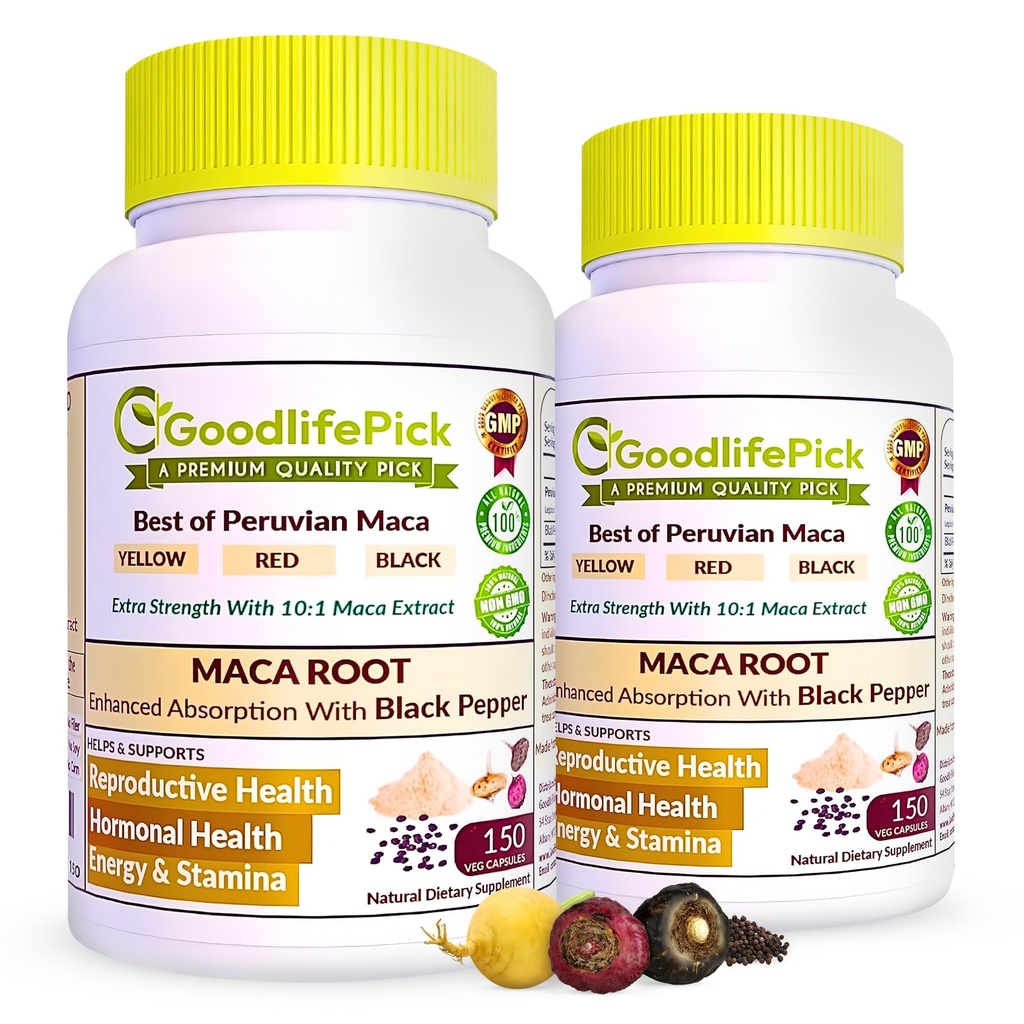 Peruvian Maca Root Kapsule s Black Pepper 150 ct. Premium Yellow Maca Red Maca & Black Red Maca Výkonný 10:1 All Typ Maca Extract All Natural Non-GMO Vegan NO Ryža Prášok NO Stearate NO Silicon